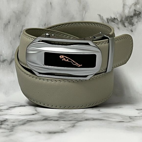 Gray Leather‎ Belt Automatic Puma Buckle Slide Belt NoHole Strep Ratchet Square - Picture 1 of 2